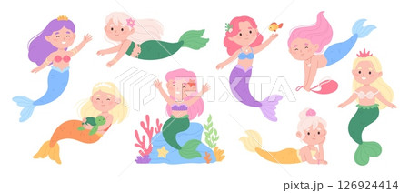 Cute mermaid characters. Little mermaids, funny tiny girls with fish tails. Playful underwater girl, children mascots, racy vector clipart 126924414