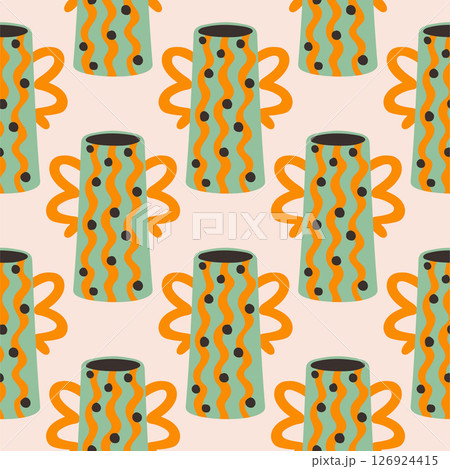Vector seamless pattern of ceramic vase with abstract design. Cartoon illustration isolated on a beige background. Vector seamless pattern of ceramic vase with abstract design. Cartoon illustration isolated on a beige background. 126924415
