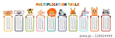 Multiplication tables. Children educational materials, funny mathematics with cartoon animals. School, preschool tools, bookmarks, classy vector template 126924449