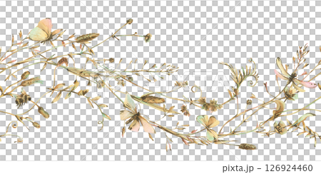 Hand-painted seamless floral border with wildflowers, herbs, and butterflies. Watercolor botanical design for invitations, packaging, stationery, and rustic romantic decorative projects. Hand-painted seamless floral border with wildflowers, herbs, and butterflies. Watercolor botanical design for invitations, packaging, stationery, and rustic romantic decorative projects. 126924460