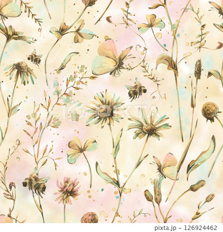 Elegant seamless pattern of hand-painted meadow flowers and herbs in soft watercolor tones. Ideal for packaging, wallpapers, fabric design, soft and gentle romantic spring or summer themes. Elegant seamless pattern of hand-painted meadow flowers and herbs in soft watercolor tones. Ideal for packaging, wallpapers, fabric design, soft and gentle romantic spring or summer themes. 126924462
