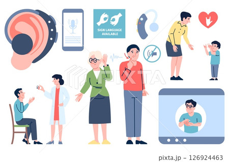 Deaf people aid. Hearing device for ears, doctor and deaf-mute patient, sign language communication. Health problems help, deafness, recent vector set Deaf people aid. Hearing device for ears, doctor and deaf-mute patient, sign language communication. Health problems help, deafness, recent vector set 126924463