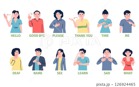 Sign language. Deaf mute people symbols for communication. Male female demonstration phrases hello good bye thank you, social messages, recent vector set 126924465