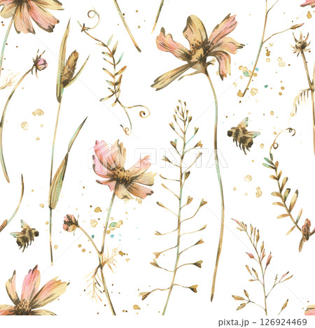 Seamless floral pattern with delicate wildflowers and butterflies in vintage watercolor style. Hand-painted botanical design ideal for textile, packaging, wallpaper, and spring-themed decoration. 126924469