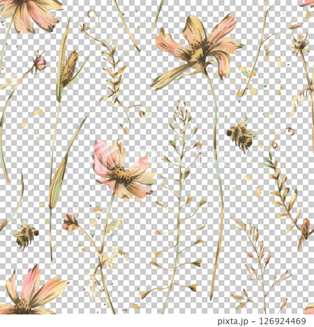Seamless floral pattern with delicate wildflowers and butterflies in vintage watercolor style. Hand-painted botanical design ideal for textile, packaging, wallpaper, and spring-themed decoration. 126924469