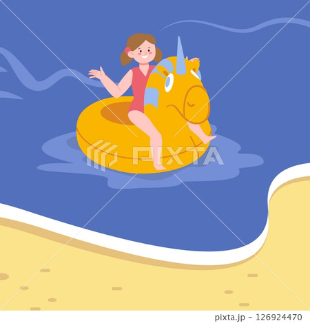 Happy girl floating in sea on rubber toy. Summer vacations, leisure near ocean. Outdoor seasonal entertainment, swimming and relax, vector scene 126924470