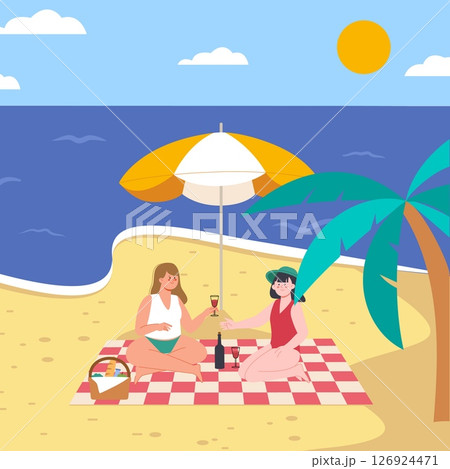 Girls on beach picnic. Friends sitting on plaid and drinking wine on beachside. Summer leisure, vacation or rest. Sea travel vector illustration 126924471