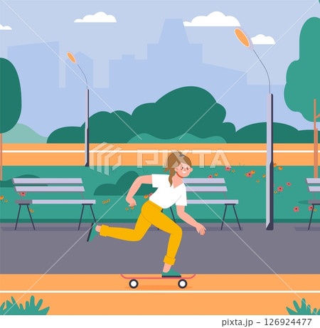 Girl on skate in city park. Summer outdoor sport leisure, teenager healthy activity. Happy female teen walking and riding skateboard, vector illustration 126924477