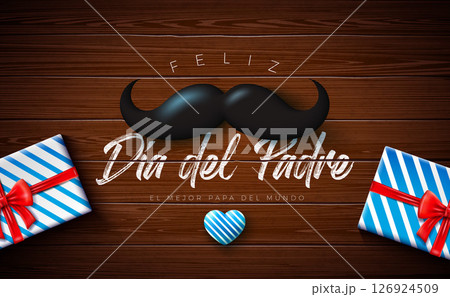 Happy Father's Day Greeting Card Design with Gift Box, Blue Heart, Mustache and Typography Lettering on Vintage Wood Background. Vector Celebration Illustration for Loved and Best Dad. Template for 126924509