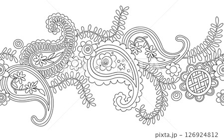 Coloring book. Seamless border of paisley ornament. Vector line illustration. Outline Coloring book. Seamless border of paisley ornament. Vector line illustration. Outline 126924812