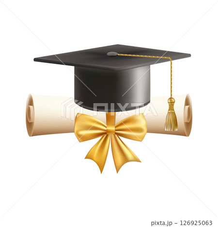 3d diploma scroll with graduate hat. Vintage roll paper 126925063