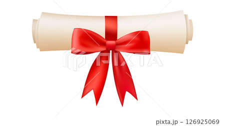 3d diploma scroll icon. Roll paper with red bow. 3d diploma scroll icon. Roll paper with red bow. 126925069
