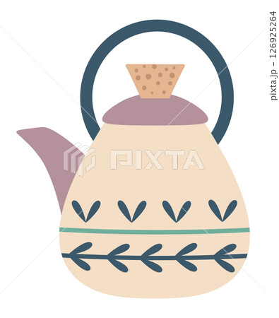 Beige teapot featuring a cork lid, adorned with a purple handle and spout, showcasing floral decorations in blue and light green, isolated against a white background 126925264