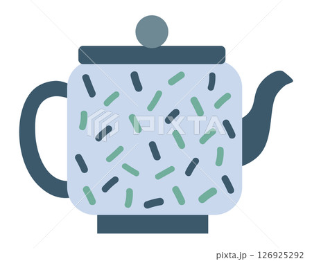 Light blue teapot with dark lid and handle featuring green and dark sprinkles, isolated on a white background, representing teatime, hot drinks, and cozy moments Light blue teapot with dark lid and handle featuring green and dark sprinkles, isolated on a white background, representing teatime, hot drinks, and cozy moments 126925292