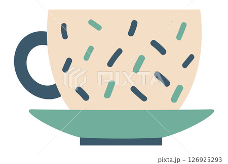 Simple vector illustration of a beige teacup decorated with dark and light green sprinkles, placed on a green saucer, representing a cozy and comforting beverage Simple vector illustration of a beige teacup decorated with dark and light green sprinkles, placed on a green saucer, representing a cozy and comforting beverage 126925293