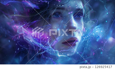 Girl's face. Mysterious girl in a neon haze. Mysterious face. generative ai. Girl's face. Mysterious girl in a neon haze. Mysterious face. generative ai. 126925417