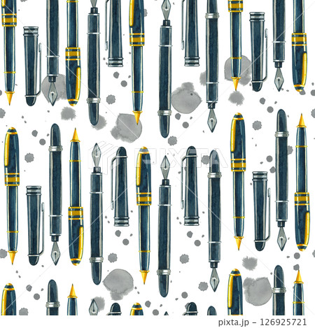 Seamless watercolor pattern. Pens and fountain pens for writing on paper, for letters and work, ink blot. All objects are hand-drawn with watercolor. For writing ink on wrapping paper, stationery. 126925721