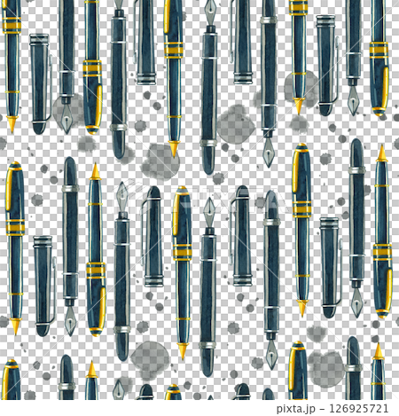 Seamless watercolor pattern. Pens and fountain pens for writing on paper, for letters and work, ink blot. All objects are hand-drawn with watercolor. For writing ink on wrapping paper, stationery. 126925721