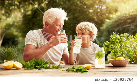 Elderly man and young boy enjoying refreshing lemonade together in a sunny garden, surrounded by fresh lemons and mint leaves, capturing joyful summer moments 126925764