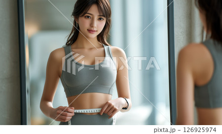 ウエストを測るフィットネスウェアの女性 ウエストを測るフィットネスウェアの女性 126925974