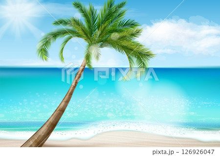 Realistic palm beach landscape. Tropical island paradise sea beautiful background, palms tree sunny sky ocean sand coast summer vacation travel banner, exact vector illustration 126926047