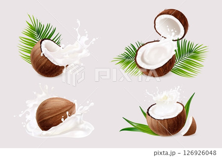 Coconut milk splash. 3d realistic coco oil cream splashes, tropical fruit yogurt drink liquid drop cosmetic concept with palm leaves natural yoghurt, exact vector illustration Coconut milk splash. 3d realistic coco oil cream splashes, tropical fruit yogurt drink liquid drop cosmetic concept with palm leaves natural yoghurt, exact vector illustration 126926048