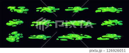 Poison puddle. Boiling potion, toxic green liquid with bubbles in witch magic cauldron, slime spill poisonous substance on floor game vfx effect, cartoon swanky vector illustration 126926051