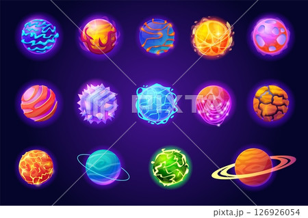 Magic alien planets. Cartoon fantasy planet different surface asteroid ball, galaxy space world cosmic universe orbit ufo cosmos game ui elements set, swanky vector illustration Magic alien planets. Cartoon fantasy planet different surface asteroid ball, galaxy space world cosmic universe orbit ufo cosmos game ui elements set, swanky vector illustration 126926054