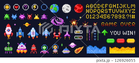 Space arcade interface. Pixel game spaceship invader battle, retro computer videogame ui elements 8 bit vintage gaming machine 80s 90s alien ship planet, swanky vector illustration Space arcade interface. Pixel game spaceship invader battle, retro computer videogame ui elements 8 bit vintage gaming machine 80s 90s alien ship planet, swanky vector illustration 126926055
