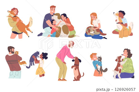 Owners hugging pets. Happy people petting dog and cat, happy owner hug pet family cuddle dogs care love guy girl hold puppy kitten domestic animal adopt, classy vector illustration Owners hugging pets. Happy people petting dog and cat, happy owner hug pet family cuddle dogs care love guy girl hold puppy kitten domestic animal adopt, classy vector illustration 126926057