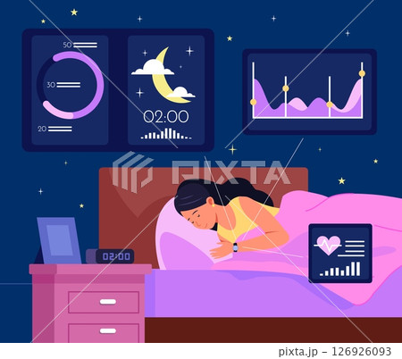Sleep tracker. Sleep quality infographic monitor health data chart mobile app, woman sleeping with smartwatch in bedroom deep dream cycle tracking vector illustration 126926093