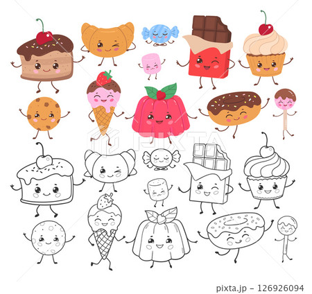 Cute sweets color and line art set 126926094