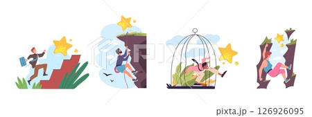 Overcoming hurdle challenge. People overcome obstacle, success businessman challenge climb jump to goals business achieve competitive leader ahead problem set vector illustration 126926095