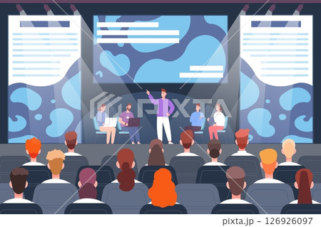Experts on stage conference. Speakers business forum, convention audience seminar academic lecture presentation show on screen symposium conference room hall vector illustration Experts on stage conference. Speakers business forum, convention audience seminar academic lecture presentation show on screen symposium conference room hall vector illustration 126926097