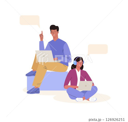 Young people using laptop for work or study. Female and male characters sitting in difference pose. Concept of online education, coworking, teamwork, freelance, search of new idea. Flat cartoon design 126926251