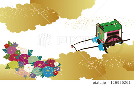 日本の歴史的な貴族の乗り物、牛車と菊などの花柄イメージイラスト。 日本の歴史的な貴族の乗り物、牛車と菊などの花柄イメージイラスト。 126926261