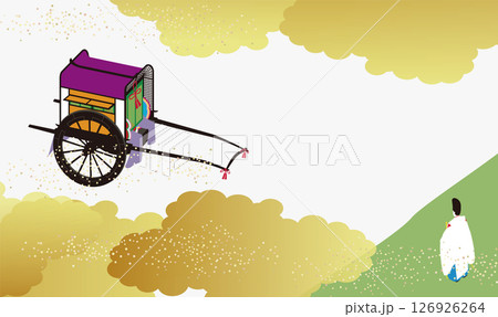 日本の歴史的な貴族の乗り物、牛車と牛車に乗る女性と狩衣の男性のイメージイラスト。 126926264