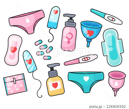 Menstrual cycle women's kit. Menstruation cup, sanitary pad, pregnancy test, tampon, pill, intimate hygiene gel. Vector illustration 126926502