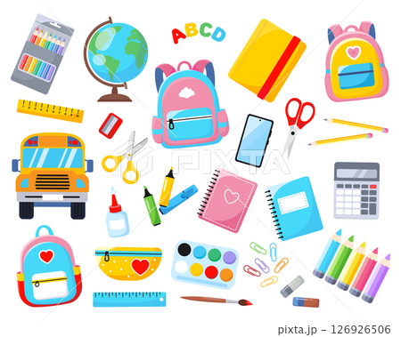 School supplies. Back to school. School bus, notebooks, books, set of colored pencils, backpack, paints, globe, stationery. Vector illustration in flat style School supplies. Back to school. School bus, notebooks, books, set of colored pencils, backpack, paints, globe, stationery. Vector illustration in flat style 126926506