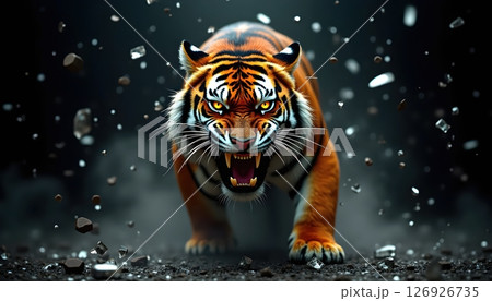 a close up of a tiger running through a forest with fire 126926735