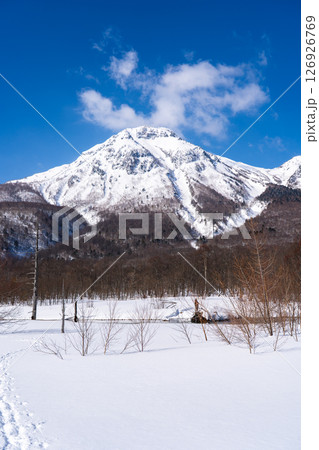 千丈沢から見上げる雪化粧した焼岳　冬の上高地トレッキング　長野県松本市 126926769