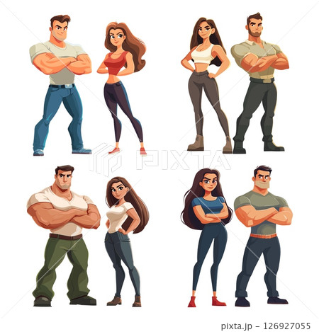 Strong couple. Powerful man and woman with muscle body, sport workout gym trainers comic superhero muscular soldier secret agent cartoon hero characters set vector illustration 126927055