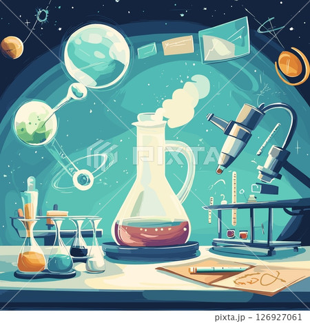 Scientists desk cartoon background. Science concept textbook cover, chemistry abstract molecules chemical reagents in flasks bottles notebook experiment notes vector illustration 126927061