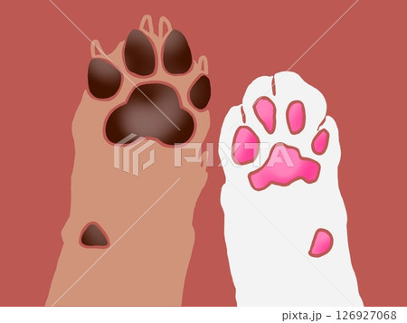 シンプルな犬と猫の肉球のイラスト（赤系背景） 126927068