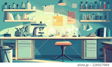 Scientific workplace. Medical lab or chemical laboratory cartoon interior, science research experiment room for scientist chemist work microscope beaker on desk vector illustration 126927069