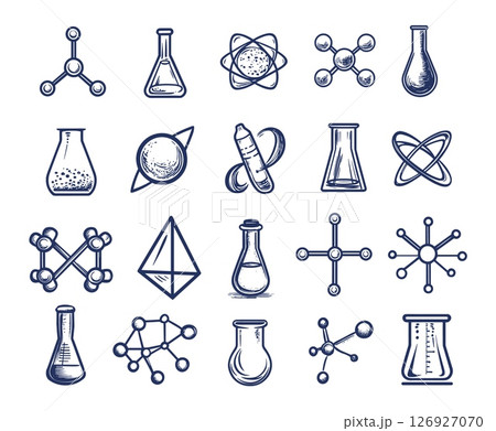 Science line logo. Scientific research sketch outline icons, chemistry laboratory analysis dna molecule atom symbols biology lab tube flask bottle physics set vector illustration 126927070