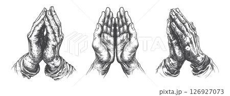 Praying hands sketches. Prayer hand pray to god, thank namaste sorry arm gesture folded five fingers catholic christianity Islam religion worship praise church vector illustration Praying hands sketches. Prayer hand pray to god, thank namaste sorry arm gesture folded five fingers catholic christianity Islam religion worship praise church vector illustration 126927073