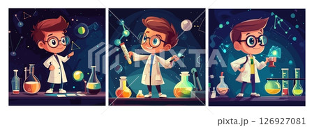 Little chemist. Cartoon boy white scientists coat with chemistry flask doing scientific research lab experiment in school laboratory science concept scenes vector illustration 126927081