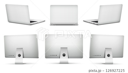 Realistic computer screen rear view mockup. Laptop computer rear view isolated on white background. Vector illustration 126927225