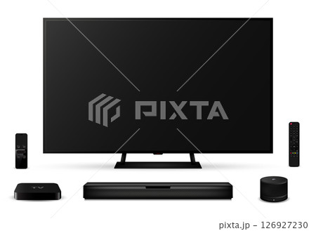 Realistic oled tv screen with remote control, sound bar, set-top box and smart speaker isolated on white background 126927230